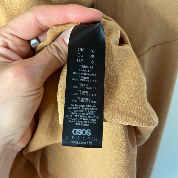 ASOS Design Tan Peplum Wrap Top US 6 Deep V Neck Long Sleeve Boho Fall Romantic - Picture 8 of 10